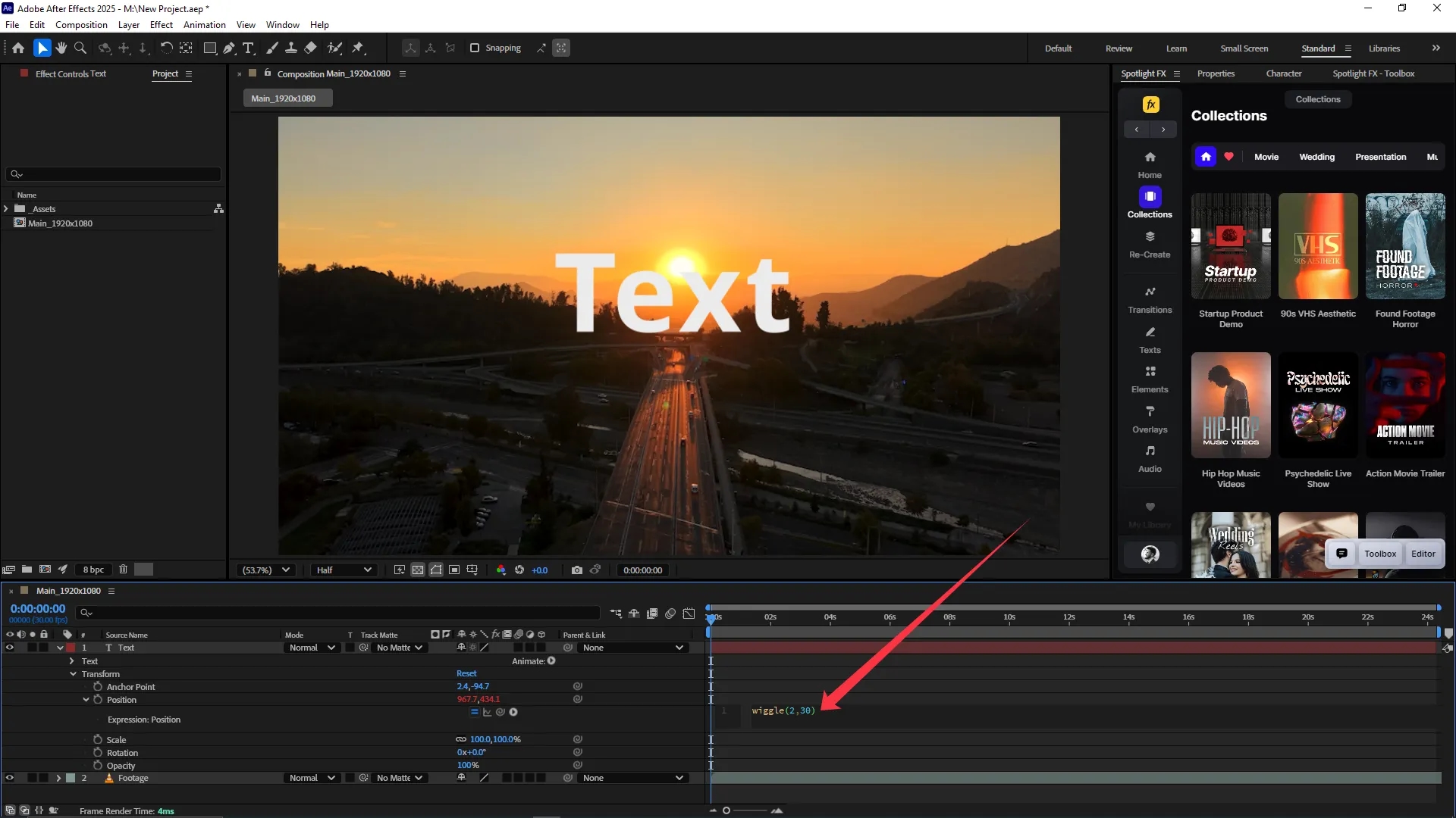 Expression editor active for the position property of the text layer with the wiggle(2,30) expression typed in.