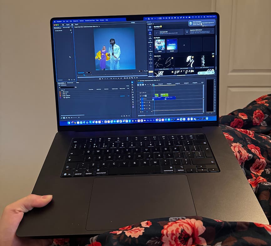 Editing a video on a laptop at home
